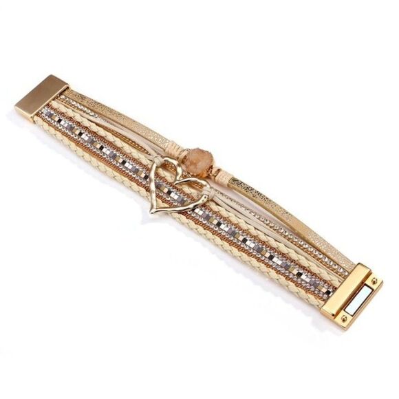 GOLD HEART MULTI LAYER LEATHER RESIN STONE & DIAMOND MAGNETIC CLOSURE BRACELET - Picture 4 of 11
